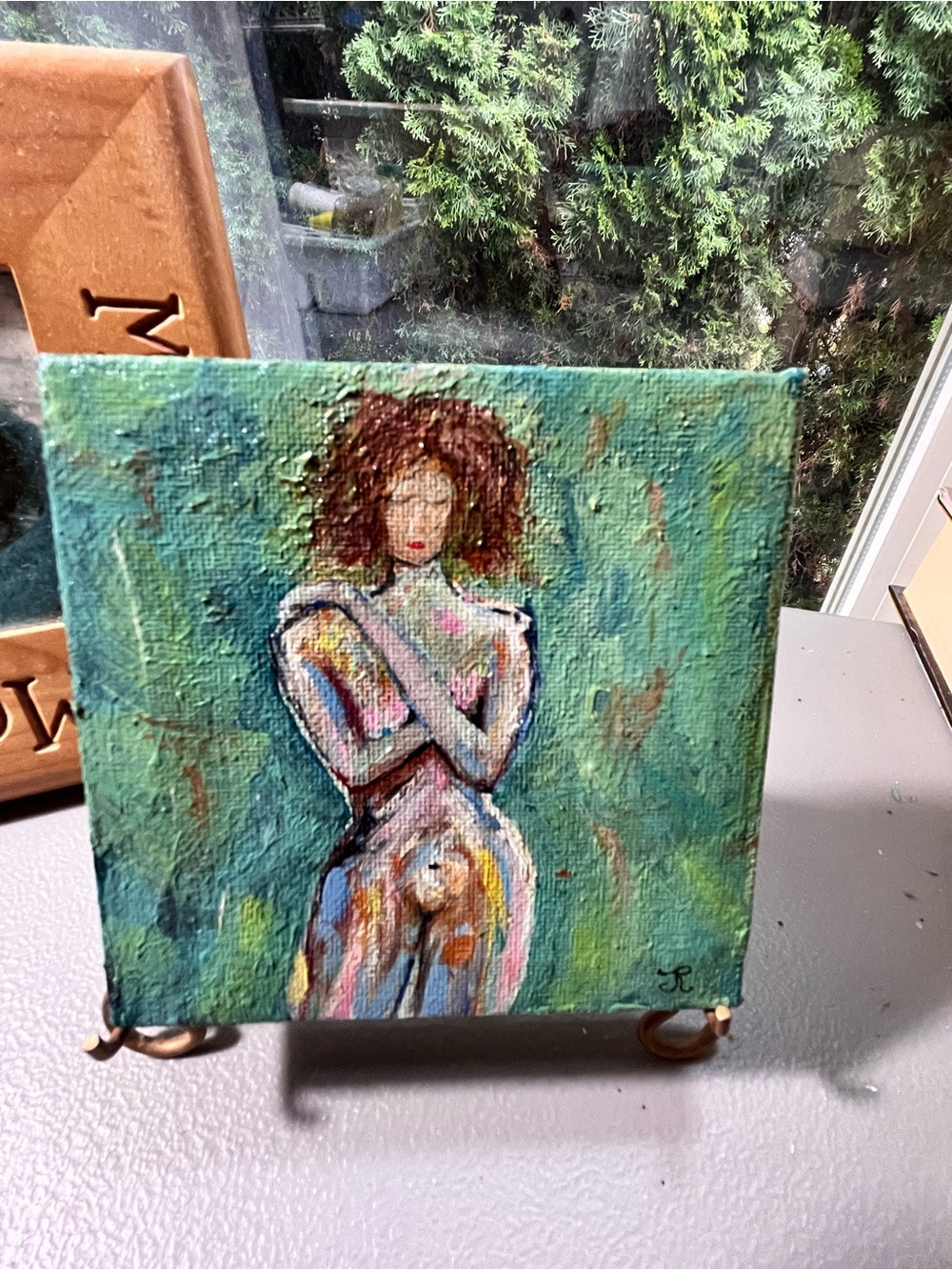Original acrylic mini painting of abstract style nude